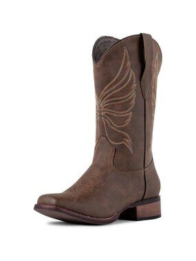 Women's Brown Calf-High Fashion Square Toe Faux Leather Western Cowgirl Boots